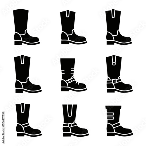 Vector art of collection of black silhouette boots, showcasing various styles and designs for different purposes and occasions