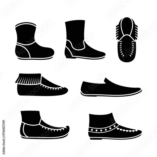 Vector art of collection of various shoe silhouettes, showcasing diverse styles from moccasins to boots in vector format