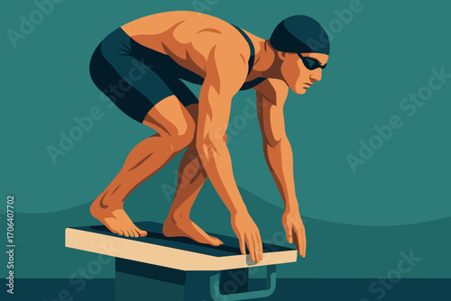Diver poised on platform in contemporary flat design
