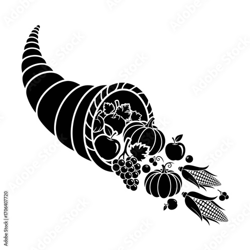 Vector art of cornucopia illustration with pumpkins, grapes, apples, gourds, and corn for thanksgiving celebration