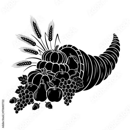 Vector art of black and white cornucopia with fruits and vegetables, a symbol of abundance and thanksgiving celebration