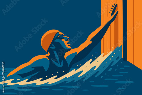 Athlete swimmer reaching finish in retro style