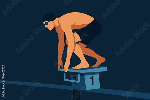 Flat style swimmer preparing for dive on starting block under dark background
