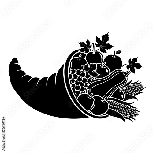 Vector art of black and white cornucopia with fruits and vegetables, a symbol of abundance and thanksgiving celebration