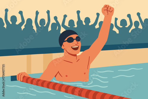 Champion swimmer celebrating victory in pool with cheering crowd background