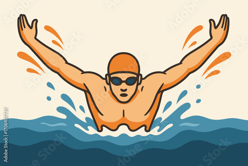 Flat style athlete swimming butterfly stroke with splashing water