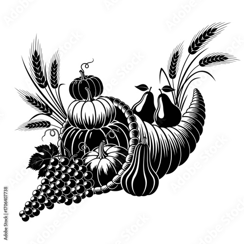 Vector art of black and white cornucopia with fruits and vegetables, a symbol of abundance and thanksgiving celebration