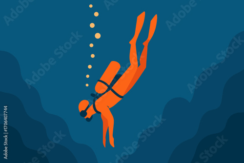 Colorful flat style diver exploring deep ocean adventure