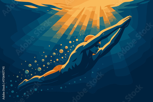 Dynamic swimmer underwater in sunlit scene with bold colors
