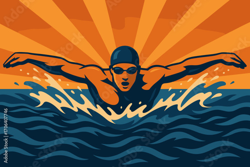 Retro swimmer performing butterfly stroke with dynamic background
