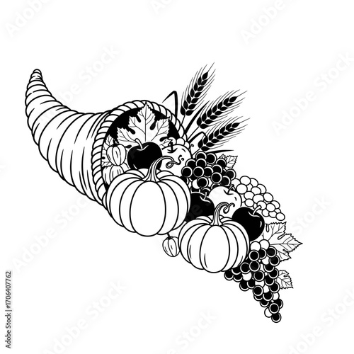 Wallpaper Mural Vector art of outline drawing of a cornucopia filled with pumpkins, grapes, wheat, and leaves, a symbol of thanksgiving Torontodigital.ca