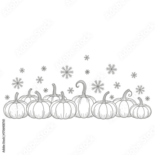 Vector art of group of pumpkins with snowflakes falling, a delicate line art illustration blending autumn and winter elements