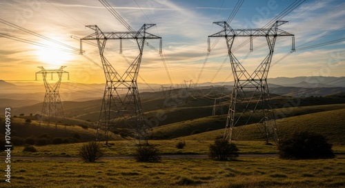 Power lines stretch across rolling hills at sunset with birds flying overhead