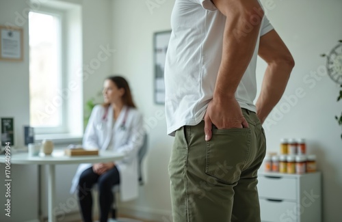 Man with hands in pockets consults doctor about rectal pain, hemorrhoid discomfort. Focus on sensitive health issues, patient discomfort. Doctor listens in medical office. Private health concerns.
