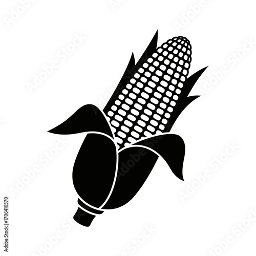 Illustration of an ear of corn with husks, , a staple food and a symbol of agriculture and harvest season