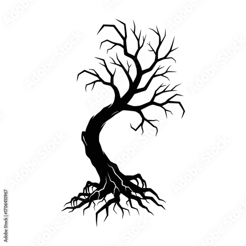 Vector art of silhouette of a spooky bare tree with twisted branches and roots, creating a haunting and eerie atmosphere
