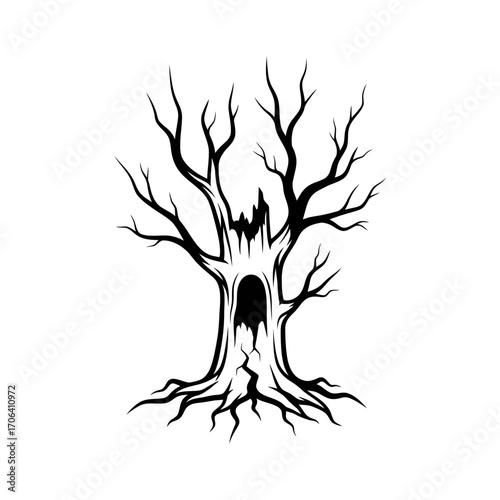 Vector art of silhouette of an old, hollow tree with a mysterious opening and bare branches, evoking a sense of mystery