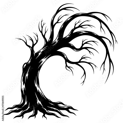 Vector art of silhouette of a spooky bare tree, with twisted branches reaching up, creating a haunting and eerie atmosphere