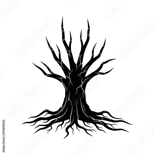 Vector art of silhouette of a spooky dead tree with gnarled roots and branches, , creating a chilling and eerie vibe