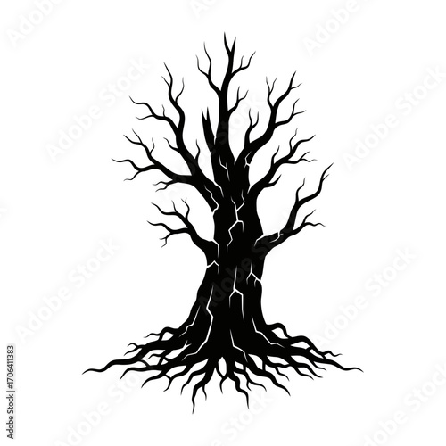 Vector art of bare tree with intricate root system, , showcasing the stark beauty of nature in winter or a desolate landscape