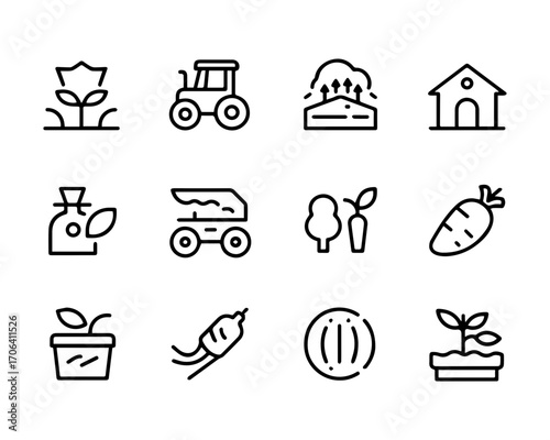 Simple Line Icons Depicting Various Agricultural Processes and Produce