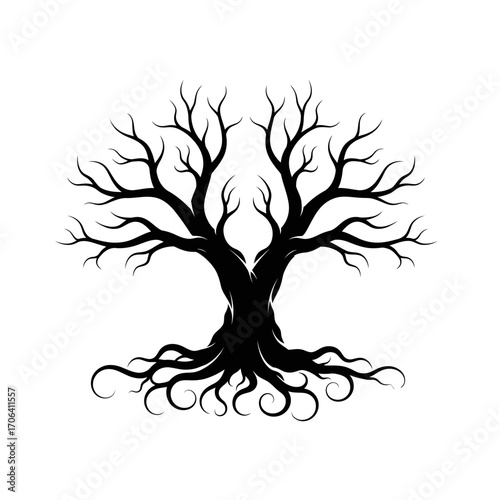 Vector art of elegant silhouette of a symmetrical tree with sprawling branches, , representing balance, resilience, and natural harmony