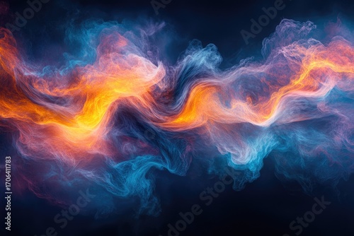 Abstract art depicting swirling  fiery orange and cool blue smoke-like forms against a dark background.