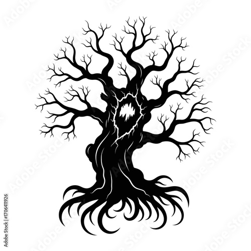 Vector art of silhouette of a large, old tree, with twisted branches and a hollow trunk, perfect for fairy tale designs