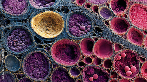 High resolution histology slide of human thyroid gland highlighting follicular cells colloid filled follicles for medical study and education