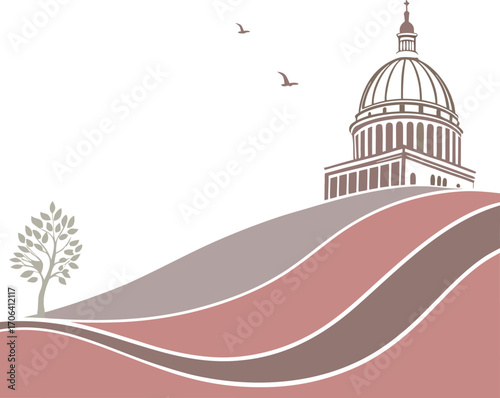 Minimal Line Art Illustration of Historic Dome Building with Landscape Waves.