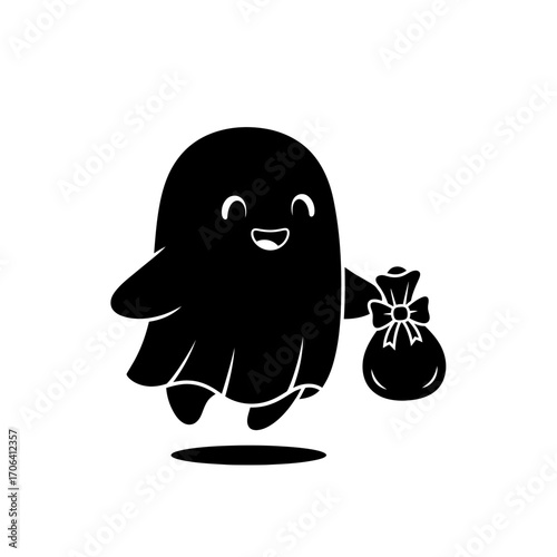 Vector art of happy ghost holding a bag of treats halloween character with a sack for trick or treat celebration