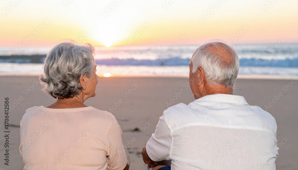 Fototapeta premium An elderly couple sitting on the beach at sunset, smiling at each other while watching the ocean waves, symbolizing love, peace, and lifelong companionship.