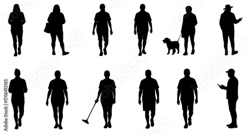 Urban Silhouette Study: A collection of diverse individuals traversing city streets, captured in striking silhouette, embodying the rhythm and pulse of urban life. 