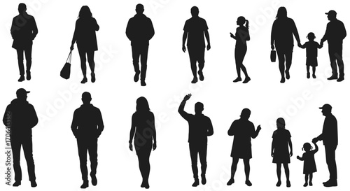 Urban Silhouette: A collection of dynamic silhouettes of individuals engaged in various activities in urban environment, creating a timeless image of everyday life.