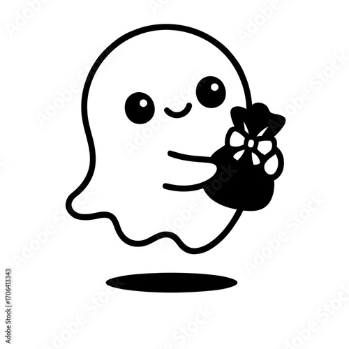 Vector art of cute ghost holding a bag of candy halloween character with a sweet treat for trick or treating season