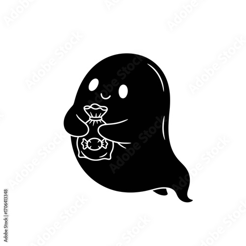 Vector art of cute ghost holding a bag of candy halloween character with a sweet treat for trick or treating season