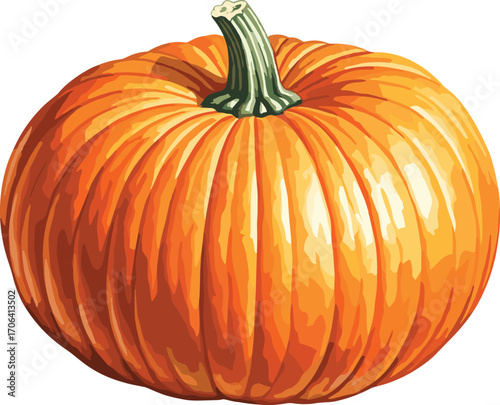 A vibrant, ripe, and fully grown pumpkin, showcasing its smooth, ribbed texture and bright orange hue