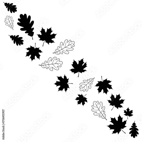 Vector art of diagonal arrangement of black and white leaves, creating a dynamic and visually appealing composition for fall designs