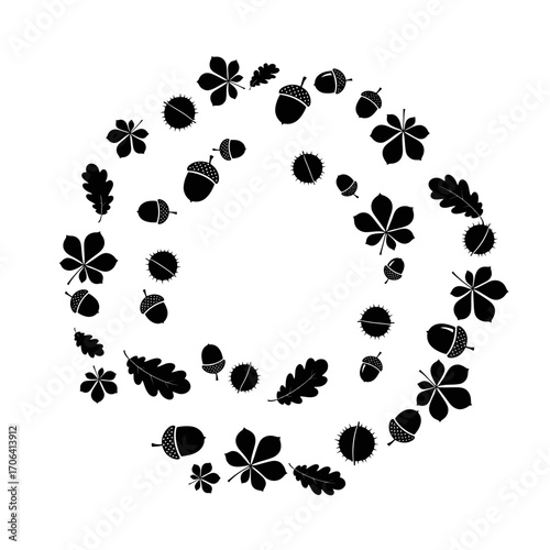 Vector art of circular wreath of black leaves and acorns, perfect for autumnthemed designs and natureinspired illustrations