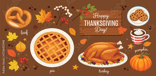 Vibrant autumnal holiday banners featuring a traditional festive feast, seasonal decor, falling leaves, and delicious pies, perfect for Thanksgiving celebrations