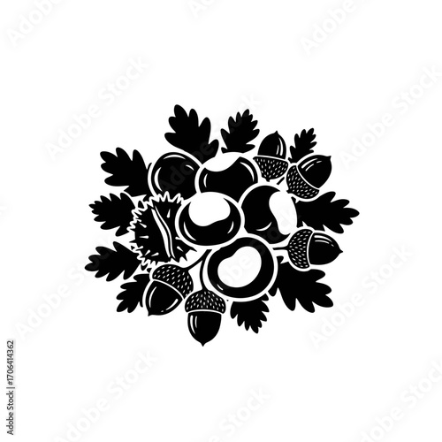 Vector art of black and white illustration of chestnuts and acorns, a classic symbol of autumn harvest and natural abundance