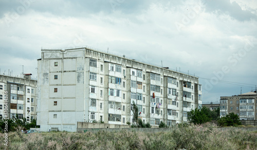 A block of apartments built in the Soviet style in Bishkek, Kyrgyzstan.
