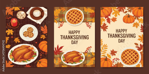 Thanksgiving Day Celebration Banners with Festive Feasts and Autumn Foliage