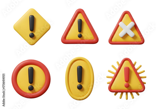 Free Download Collection of six 3d rendered warning signs with exclamation marks and other symbols indicating alerts danger and caution information for safety notices Tansparent Background - GFXLoad