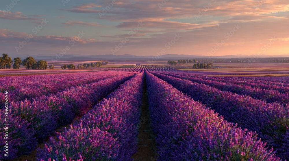 Obraz premium Serene Lavender Fields at Sunrise - Provence, France, Vibrant Purple Hues.