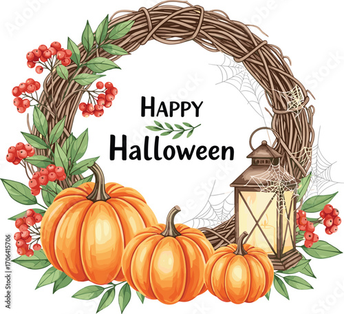 Happy Halloween Wreath Decoration with Pumpkins and Autumn Berries with Rustic Lantern