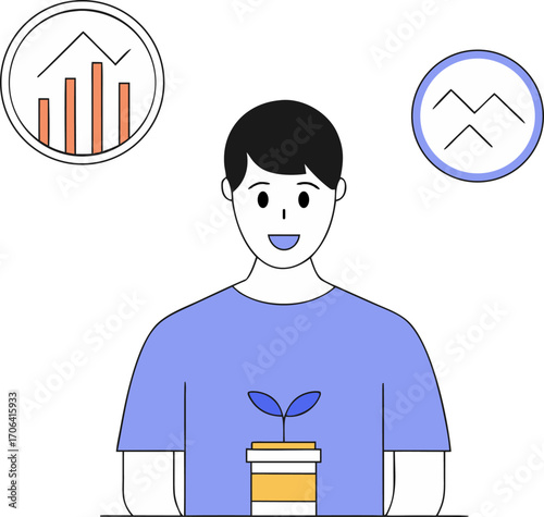 Person with plant and financial growth icons on white background male seedling