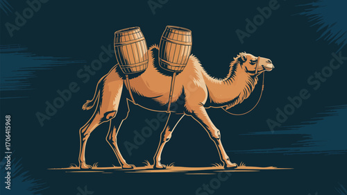 Camel carrying wooden barrels across desert landscape in vintage style illustration for adventure travel