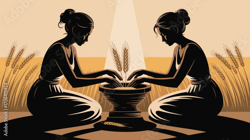 Women harvesting wheat in golden field, symbolizing growth, abundance, and sustainable agriculture
