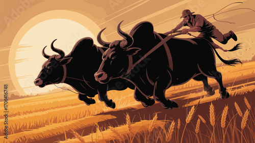 Strong farmer riding powerful bulls across golden wheat field at sunrise harvesting crops for market
